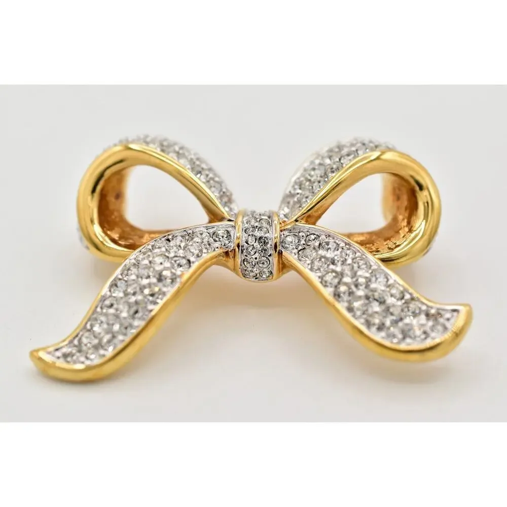 Swarovski Vintage Crystal Bow Pin Brooch Gold Pave Rhinestone Swan Signed BinBG